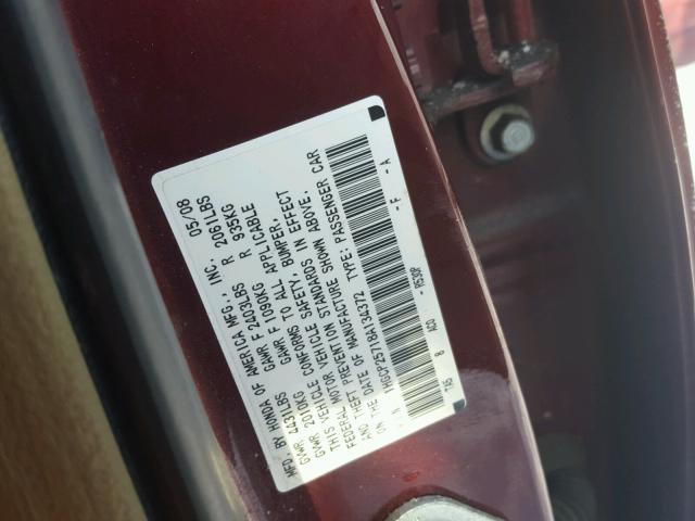 1HGCP25718A134372 - 2008 HONDA ACCORD EX BURGUNDY photo 10