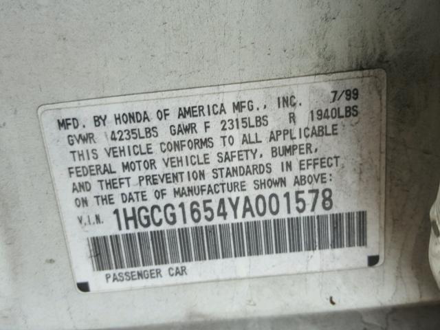 1HGCG1654YA001578 - 2000 HONDA ACCORD EX WHITE photo 10