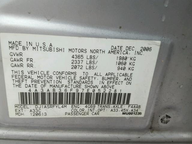 4A3AB36F97E052281 - 2007 MITSUBISHI GALANT ES SILVER photo 10