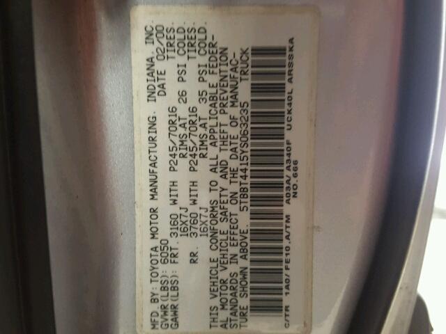 5TBBT4415YS063235 - 2000 TOYOTA TUNDRA ACC SILVER photo 10