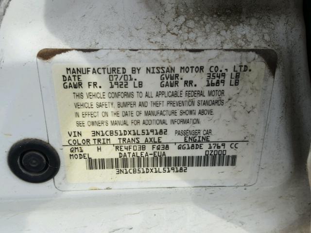 3N1CB51DX1L519182 - 2001 NISSAN SENTRA XE WHITE photo 10