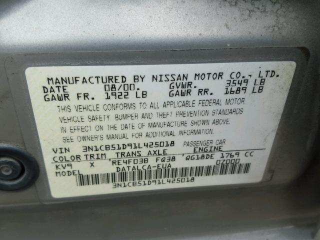 3N1CB51D91L425018 - 2001 NISSAN SENTRA XE GRAY photo 10