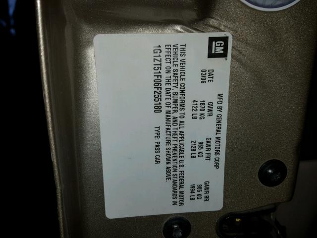 1G1ZT51F06F255180 - 2006 CHEVROLET MALIBU LT Qızıl foto 10