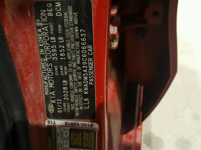 KNADM5A39C6066637 - 2012 KIA RIO LX RED photo 10