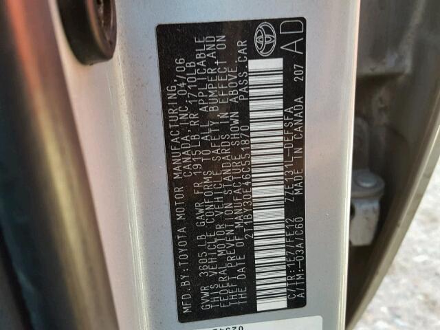 2T1BY30E46C551870 - 2006 TOYOTA COROLLA XR SILVER photo 10