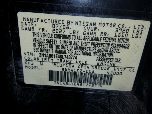 3N1AB61E48L743774 - 2008 NISSAN SENTRA 2.0 BLACK photo 10