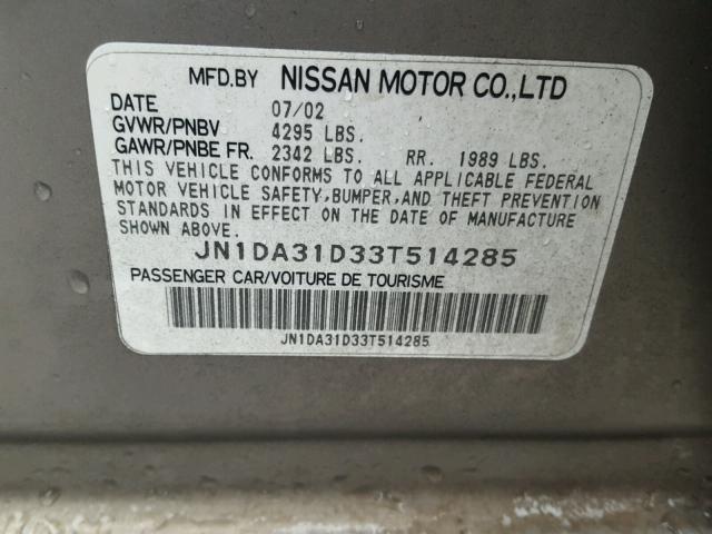 JN1DA31D33T514285 - 2003 NISSAN MAXIMA GLE GRAY photo 10