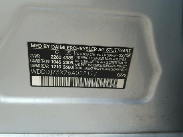 WDDDJ75X76A022177 - 2006 MERCEDES-BENZ CLS 500C SILVER photo 10