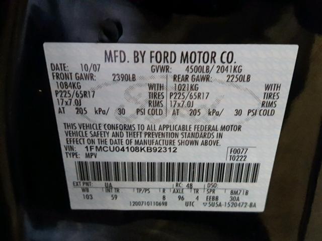 1FMCU04108KB92312 - 2008 FORD ESCAPE LIM BLACK photo 10