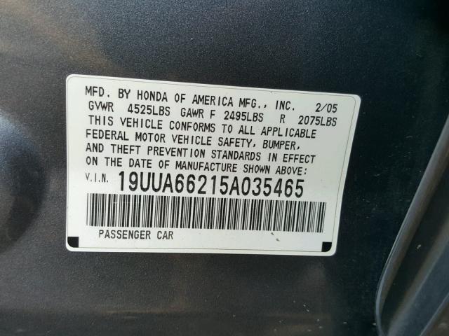 19UUA66215A035465 - 2005 ACURA TL GRAY photo 10