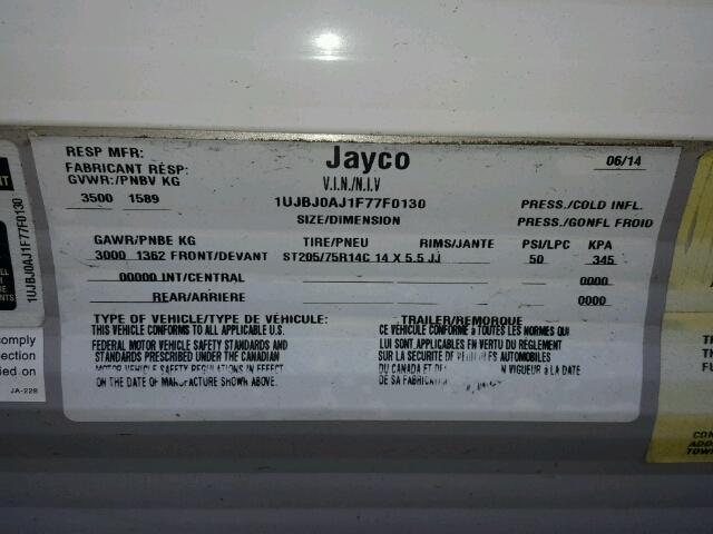 1UJBJ0AJ1F77F0130 - 2015 JAYC TRAV TRLR WHITE photo 10