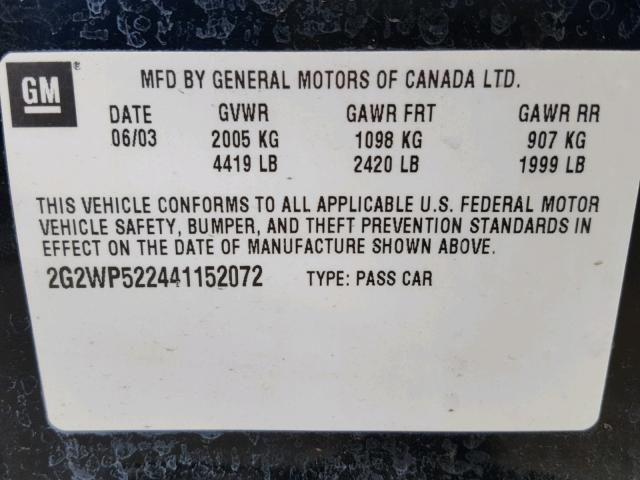 2G2WP522441152072 - 2004 PONTIAC GRAND PRIX BLACK photo 10