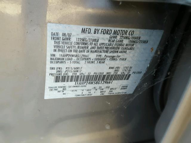 1FAHP24W58G129661 - 2008 FORD TAURUS SEL TAN photo 10