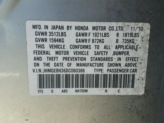 JHMGE8H36DC080386 - 2013 HONDA FIT SILVER photo 10