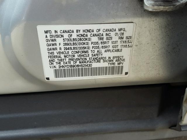 2HNYD18906H521430 - 2006 ACURA MDX TOURIN SILVER photo 10