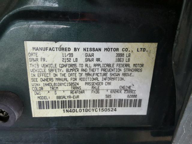 1N4DL01D0YC150524 - 2000 NISSAN ALTIMA XE GREEN photo 10