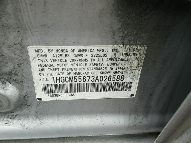 1HGCM55673A026588 - 2003 HONDA ACCORD EX SILVER photo 10