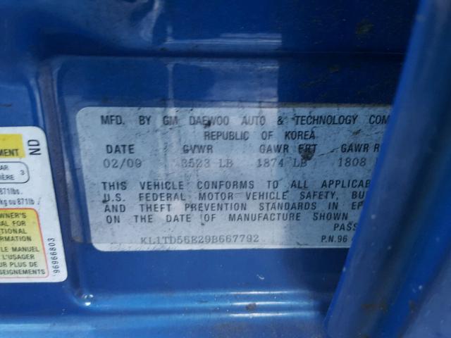 KL1TD56E29B667792 - 2009 CHEVROLET AVEO LS BLUE photo 10