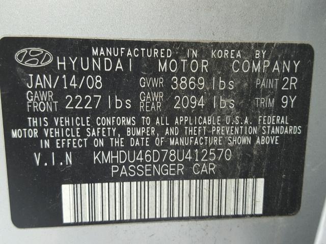 KMHDU46D78U412570 - 2008 HYUNDAI ELANTRA GL SILVER photo 10