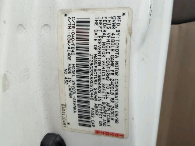 JT2BG22K8X0270448 - 1999 TOYOTA CAMRY LE WHITE photo 10