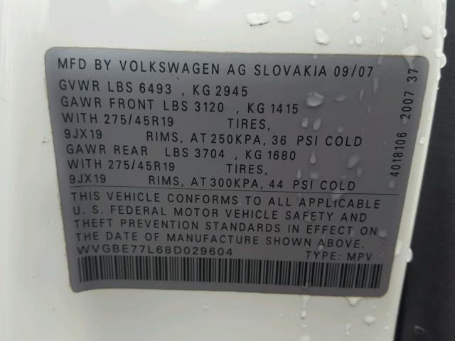 WVGBE77L68D029604 - 2008 VOLKSWAGEN TOUAREG 2 WHITE photo 10