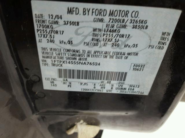 1FTPX14555NA76524 - 2005 FORD F150 BLACK photo 10