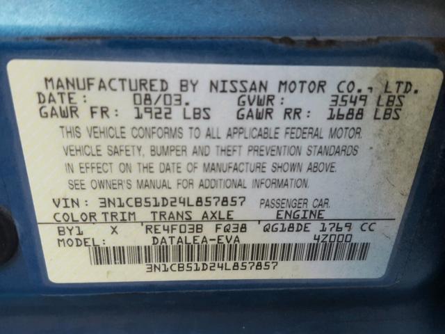 3N1CB51D24L857857 - 2004 NISSAN SENTRA 1.8 BLUE photo 10