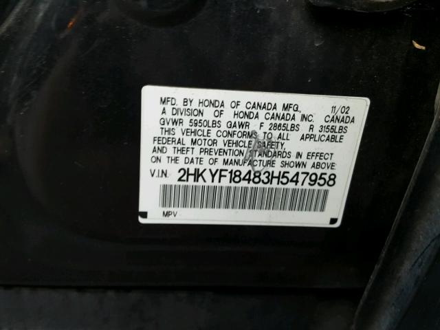 2HKYF18483H547958 - 2003 HONDA PILOT EX BLACK photo 10