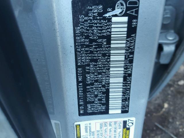 2T1BR30E15C471051 - 2005 TOYOTA COROLLA CE SILVER photo 10