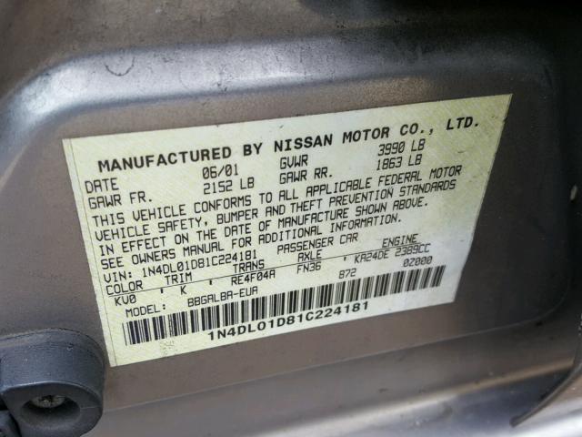 1N4DL01D81C224181 - 2001 NISSAN ALTIMA XE GRAY photo 10