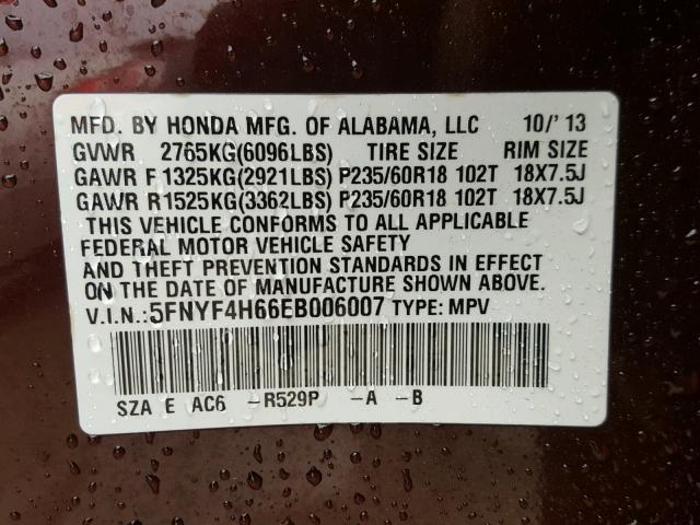 5FNYF4H66EB006007 - 2014 HONDA PILOT EXL PURPLE photo 10