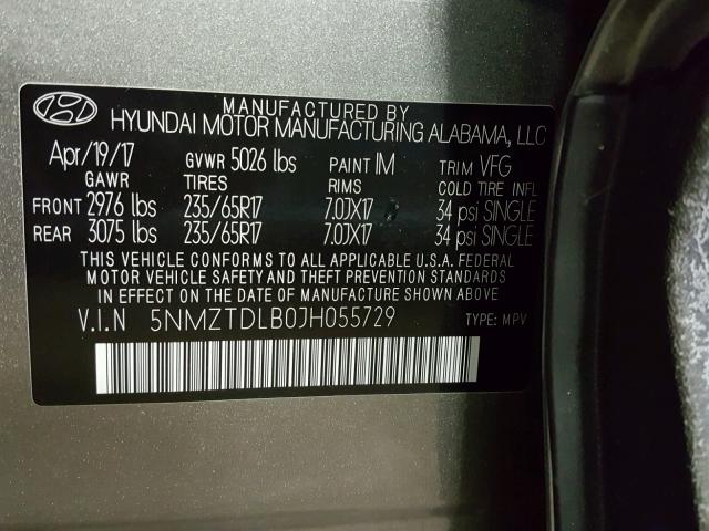 5NMZTDLB0JH055729 - 2018 HYUNDAI SANTA FE S GRAY photo 10