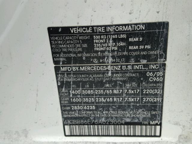 4JGBB86E76A023004 - 2006 MERCEDES-BENZ ML 350 WHITE photo 10