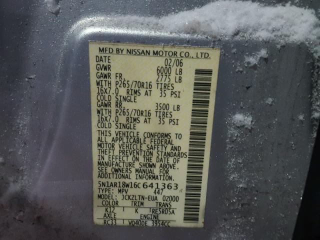 5N1AR18W16C641363 - 2006 NISSAN PATHFINDER SILVER photo 10