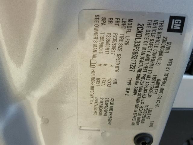 2CKDL33F386317227 - 2008 PONTIAC TORRENT SILVER photo 10