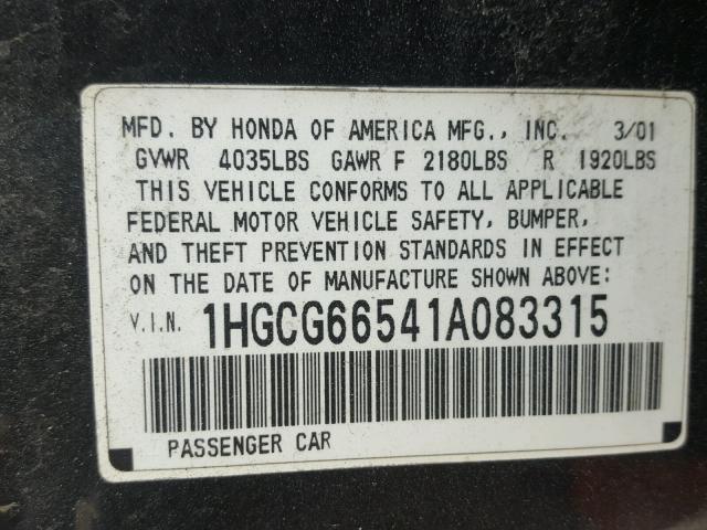 1HGCG66541A083315 - 2001 HONDA ACCORD LX BLACK photo 10