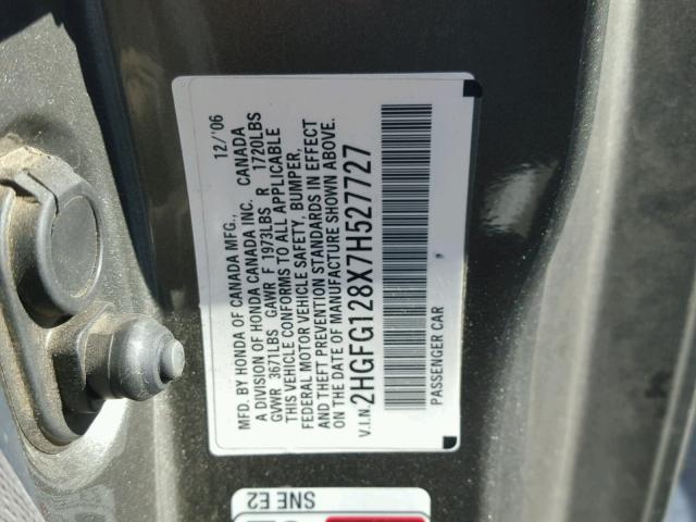 2HGFG128X7H527727 - 2007 HONDA CIVIC EX GRAY photo 10