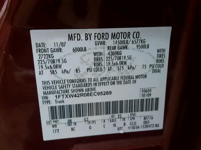 1FTXW42R08EC95289 - 2008 FORD F450 SUPER RED photo 10