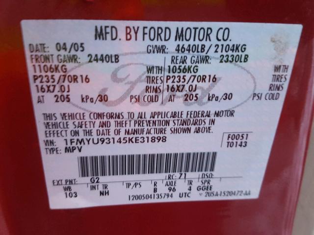 1FMYU93145KE31898 - 2005 FORD ESCAPE XLT RED photo 10