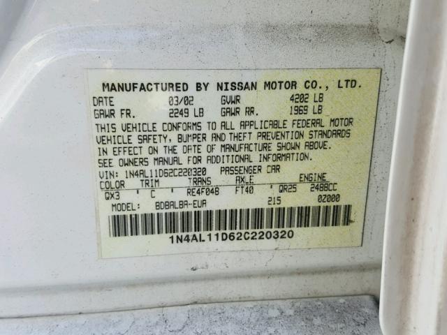 1N4AL11D62C220320 - 2002 NISSAN ALTIMA BAS WHITE photo 10