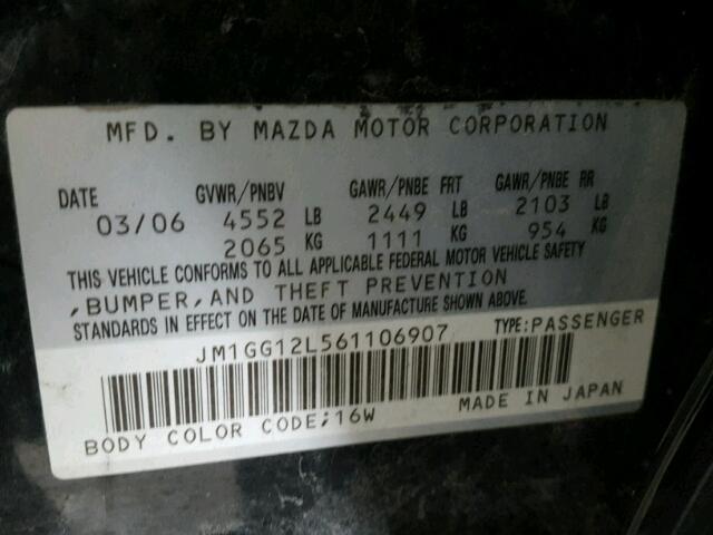 JM1GG12L561106907 - 2006 MAZDA SPEED 6 BLACK photo 10