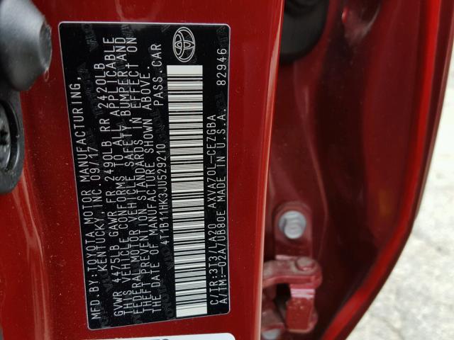 4T1B11HK3JU529210 - 2018 TOYOTA CAMRY L RED photo 10