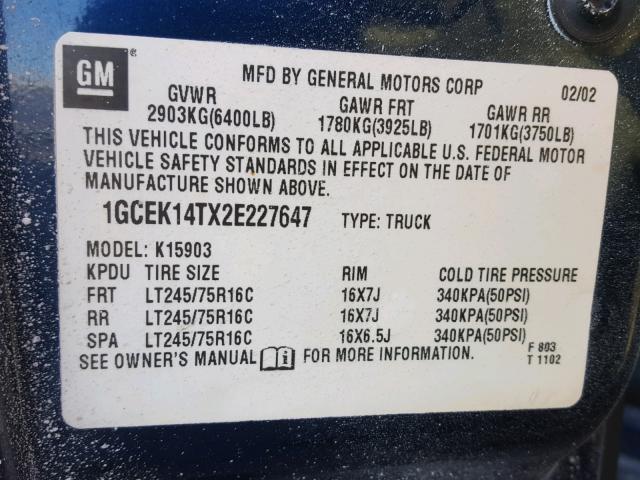 1GCEK14TX2E227647 - 2002 CHEVROLET SILVERADO BLUE photo 10