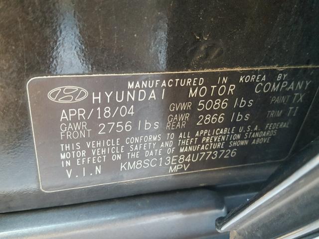 KM8SC13E84U773726 - 2004 HYUNDAI SANTA FE G BLACK photo 10