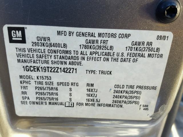 1GCEK19T22Z142271 - 2002 CHEVROLET SILVERADO SILVER photo 10