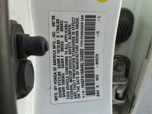 1HGFA16848L104092 - 2008 HONDA CIVIC EX WHITE photo 10