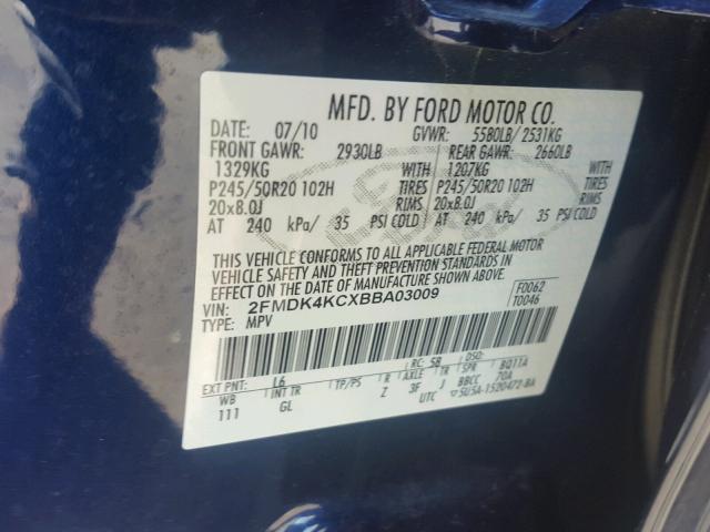 2FMDK4KCXBBA03009 - 2011 FORD EDGE LIMIT BLUE photo 10