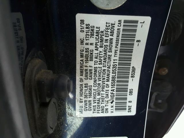 1HGFA16588L053511 - 2008 HONDA CIVIC LX BLUE photo 10