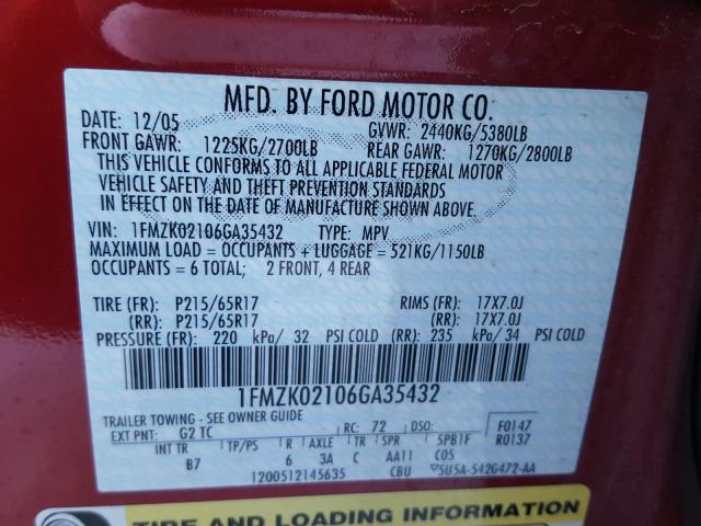 1FMZK02106GA35432 - 2006 FORD FREESTYLE RED photo 10