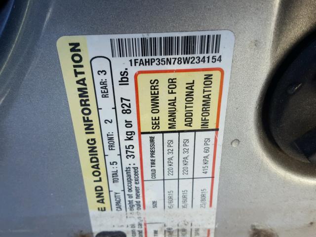 1FAHP35N78W234154 - 2008 FORD FOCUS SE SILVER photo 10